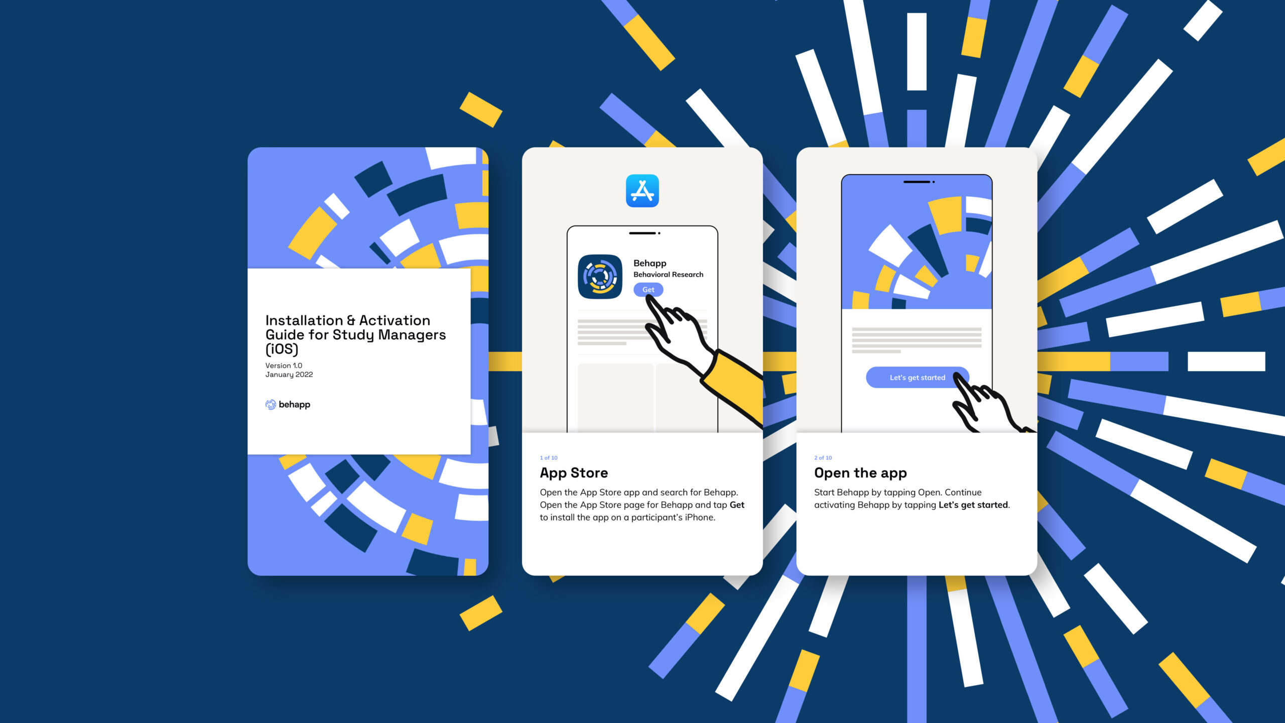 Three screenshots of a mobile guide on a dark blue background with an abstract circular pattern