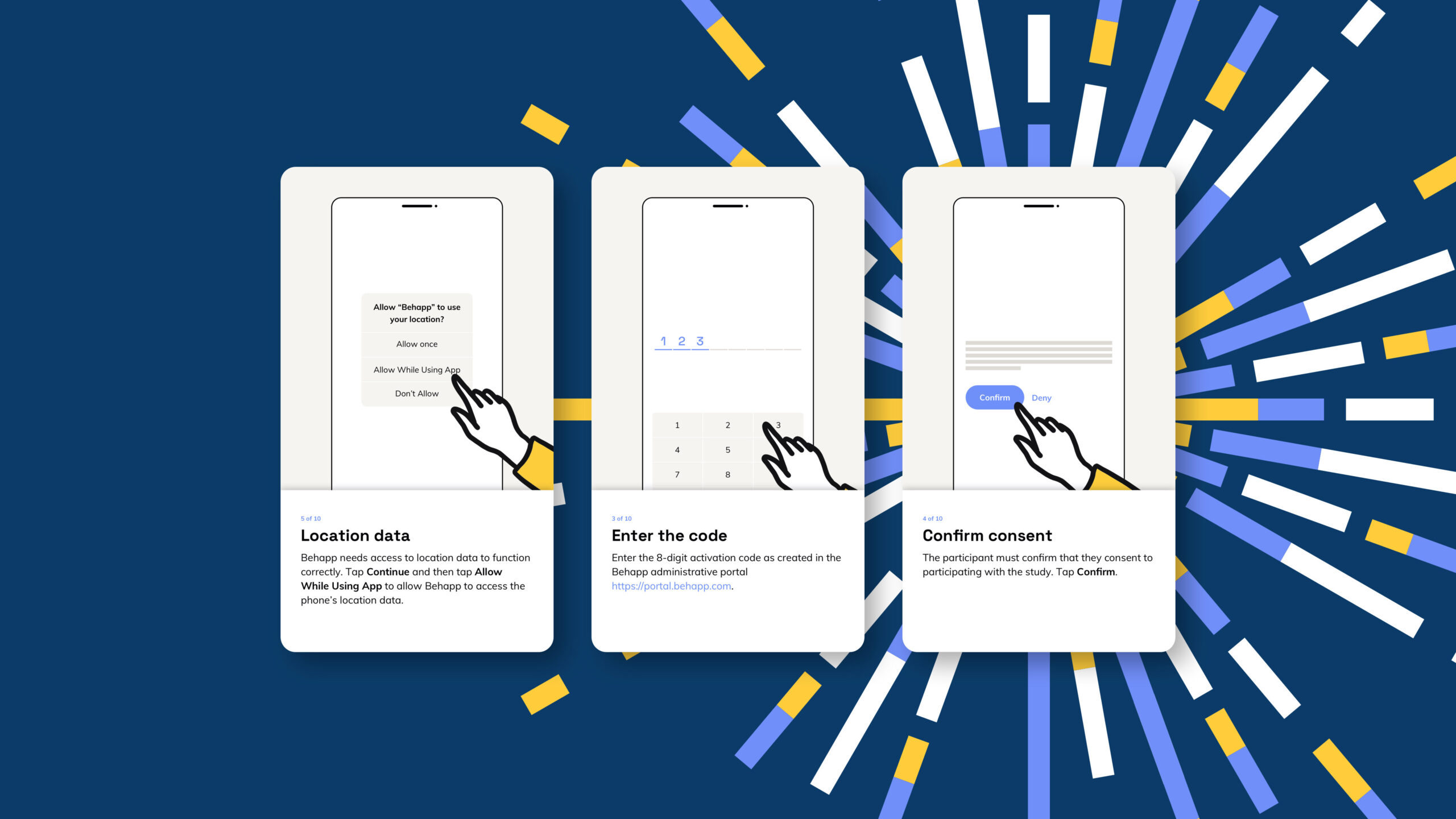 Three screenshots of a mobile guide on a dark blue background with an abstract circular pattern