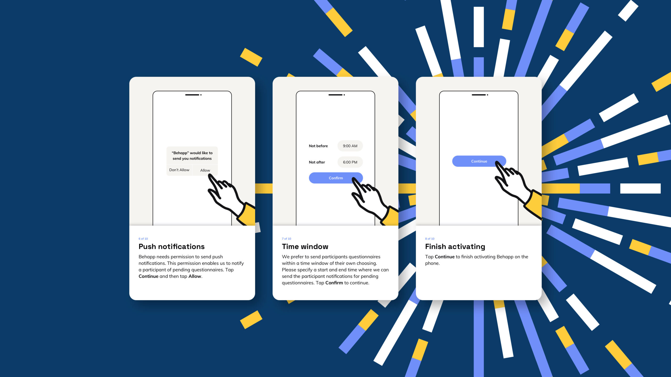 Three screenshots of a mobile guide on a dark blue background with an abstract circular pattern