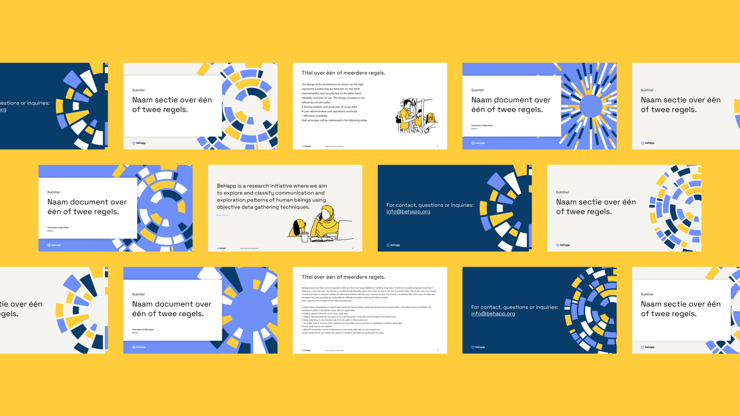 A bright yellow background with pages of a Behapp presenation on top of it