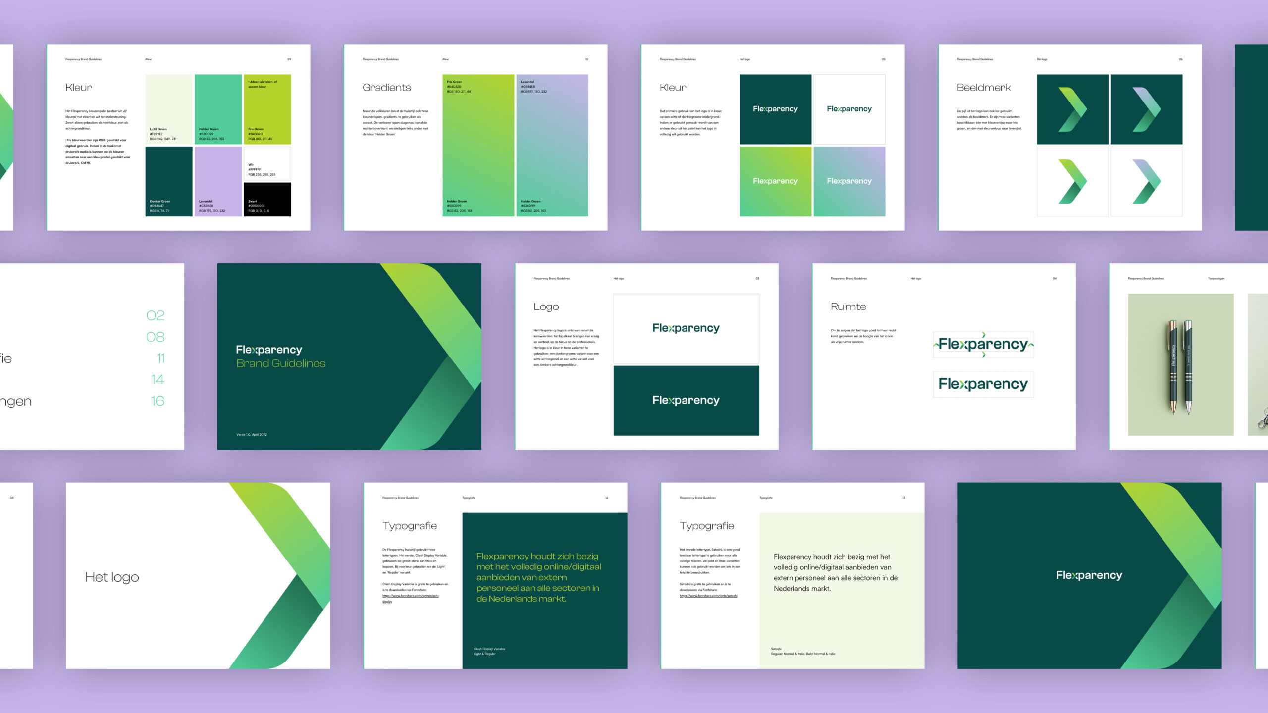 A lilac background with pages of the Flexparency brand guidelines document on it