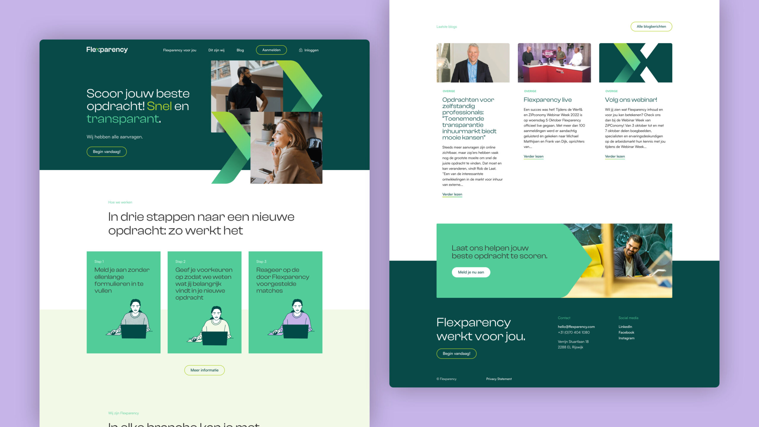 A lilac background with two screenshots of the Flexparency website