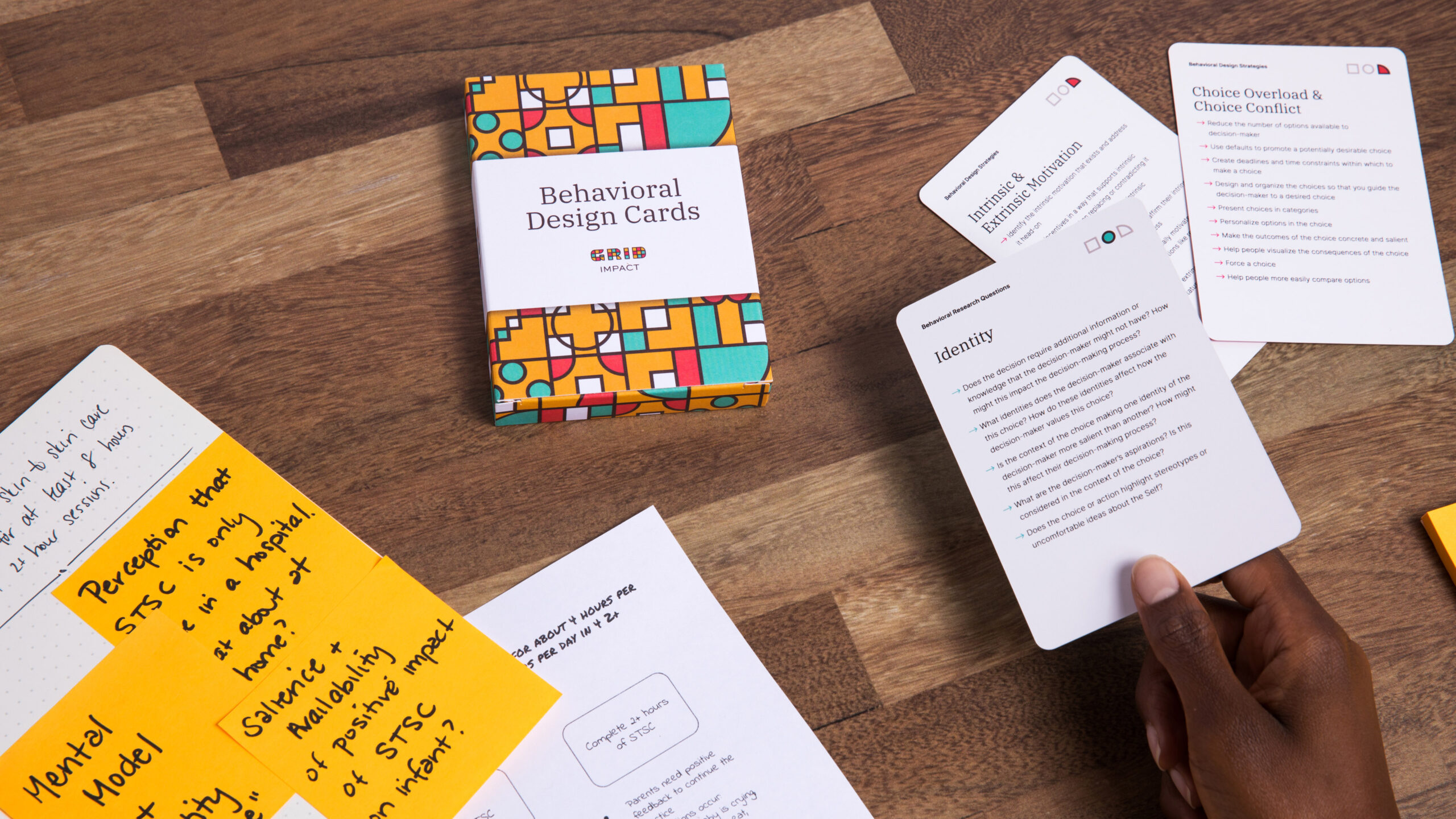 GRID-Impact-11 A photo of a wooden table with the Behavioral Design Cards deck on it, some paperwork and a hand holding a card