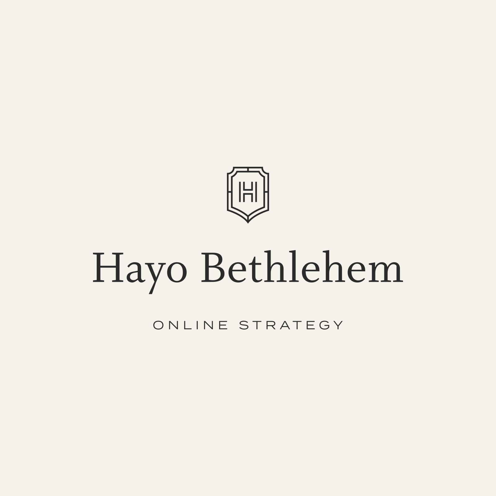 A cream colored background with a logo on it. The logo icon is a shield with an 'h' in it. The logo reads 'Hayo Bethlehem, Online Strategy'.