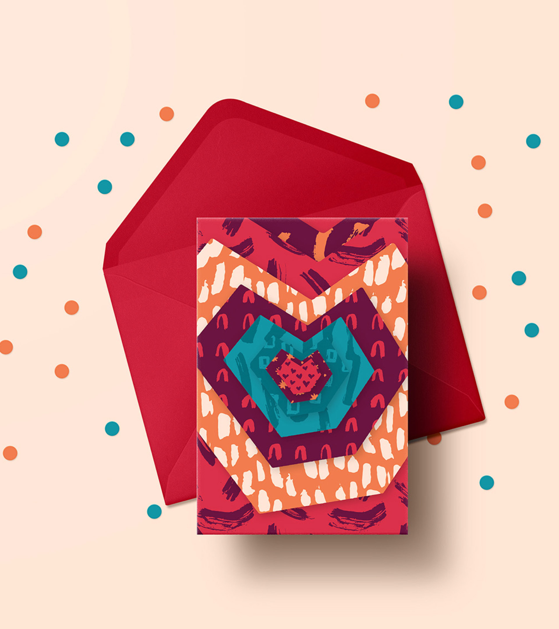 Neo-Mundo-05 A photo of a boldly illustrated greeting card on a red envelope with confetti around it