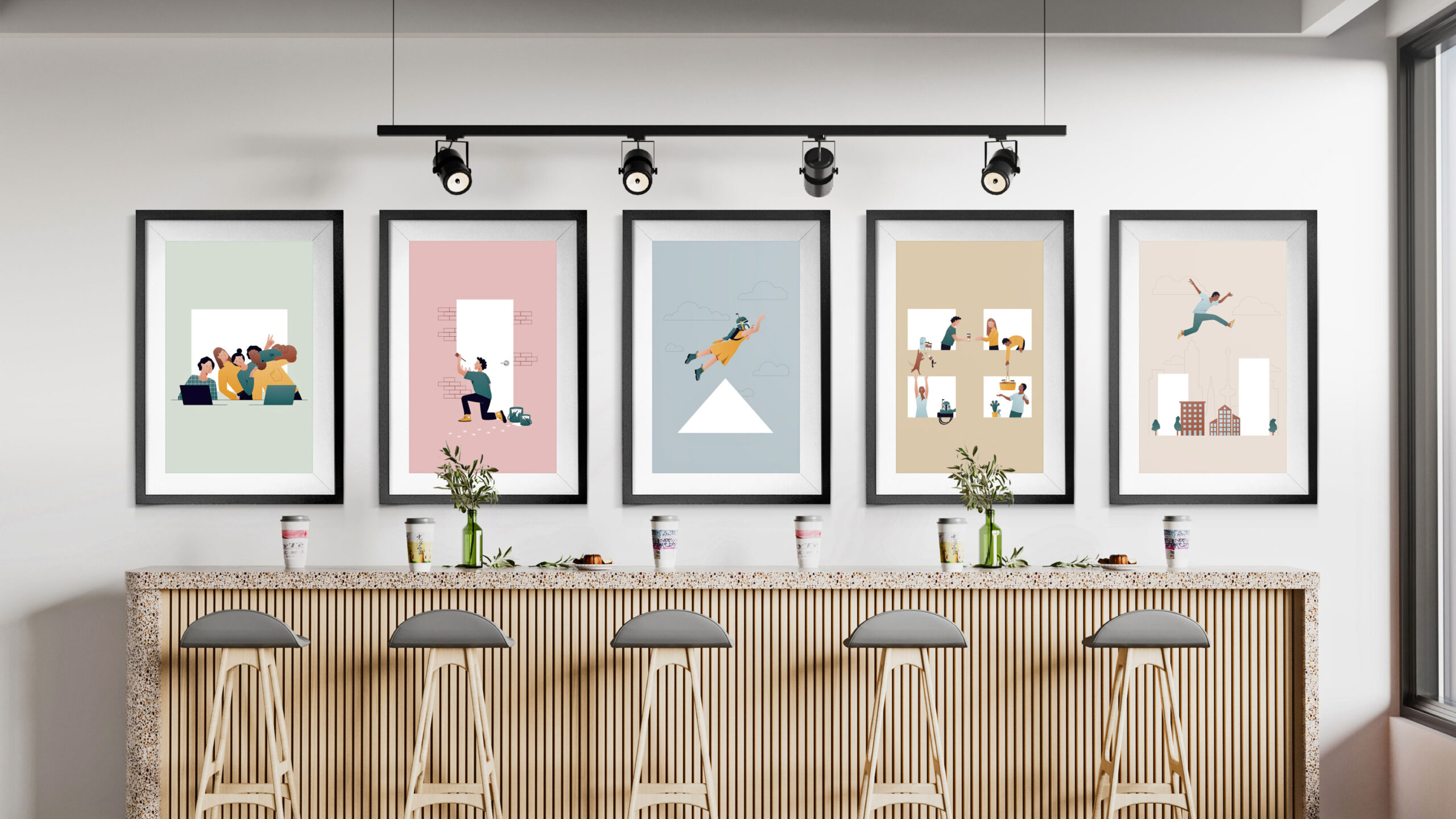Image of a bar in a modern image. Behind the bar are five framed posters