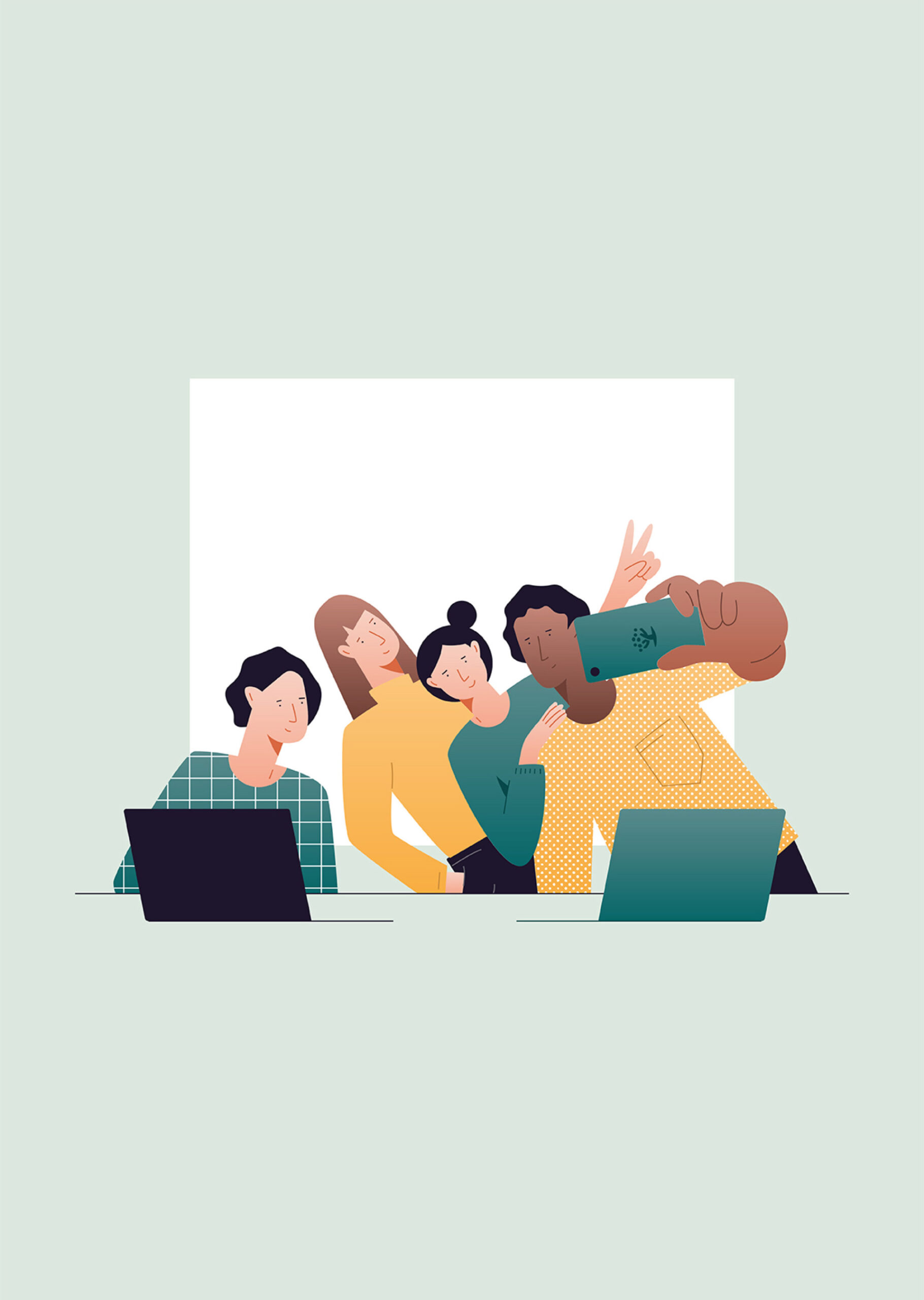 Illustration of four people sitting at a desk making a group selfie