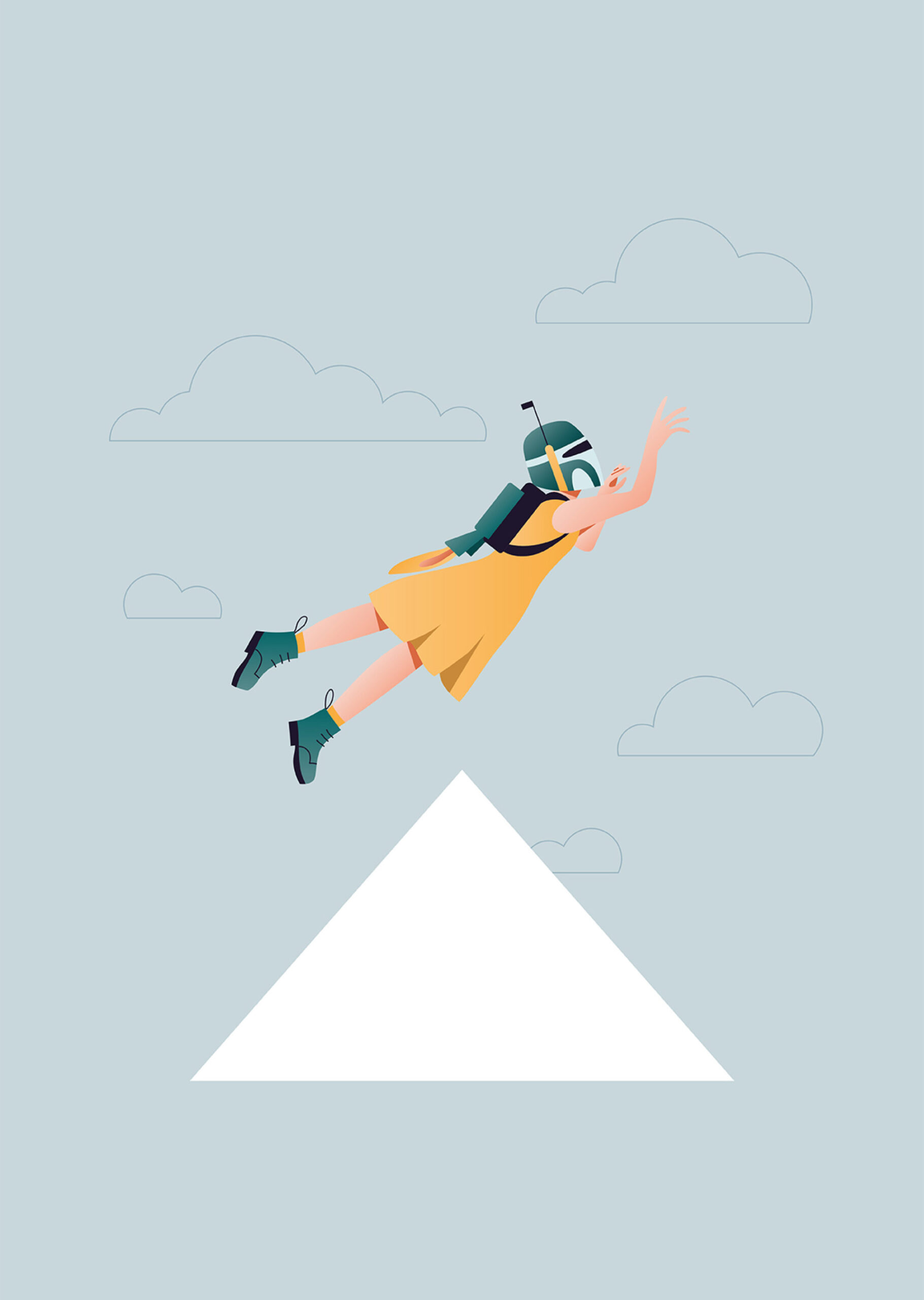 Illustration of a woman with a Star Wars helmet flying through the sky 