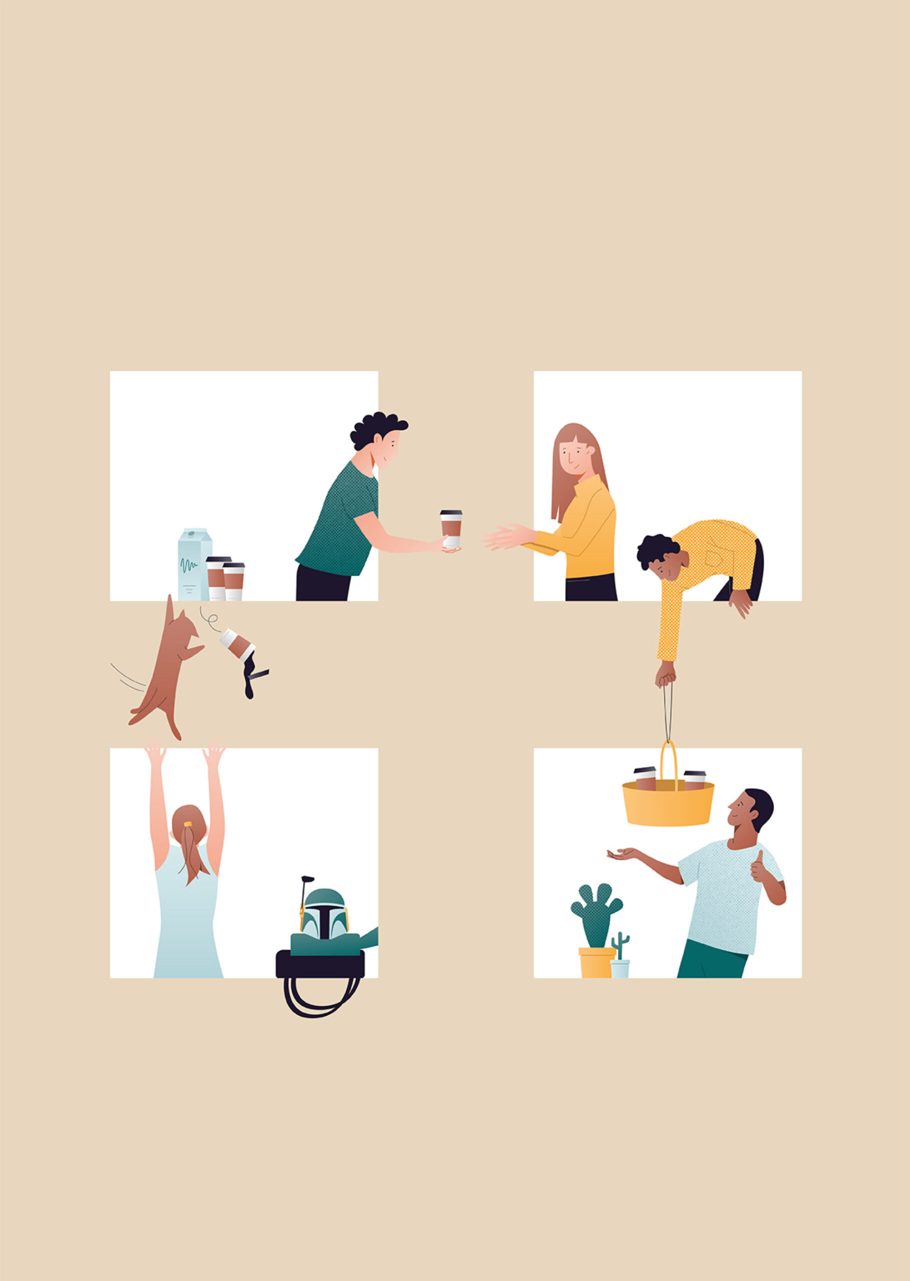 Illustration of four windows with people hanging out and interacting with each other