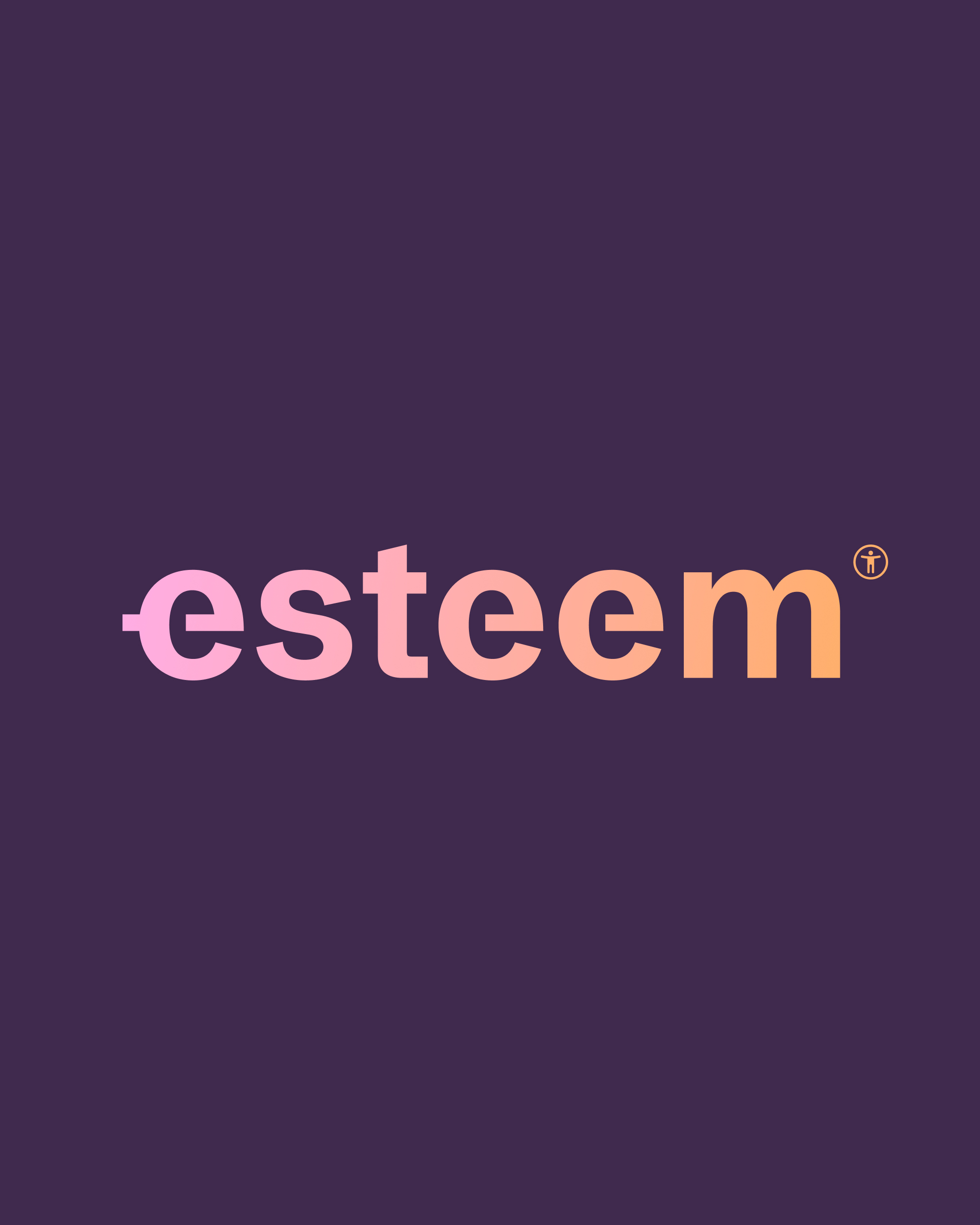 The Esteem wordmark in a pink-to-orange gradient on a deep purple background. The accessibility icon is visible in the upper right corner of the logo.