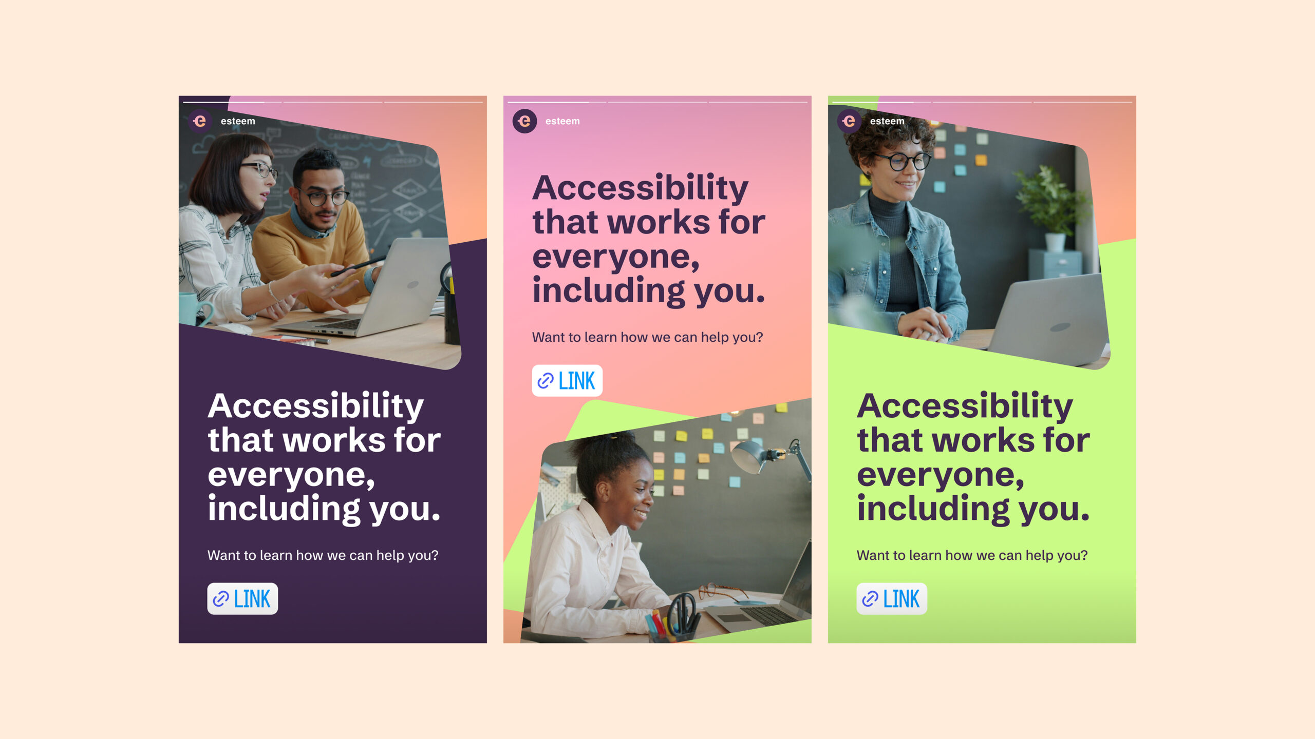 Three vertical social media story templates for Esteem, each featuring the headline 