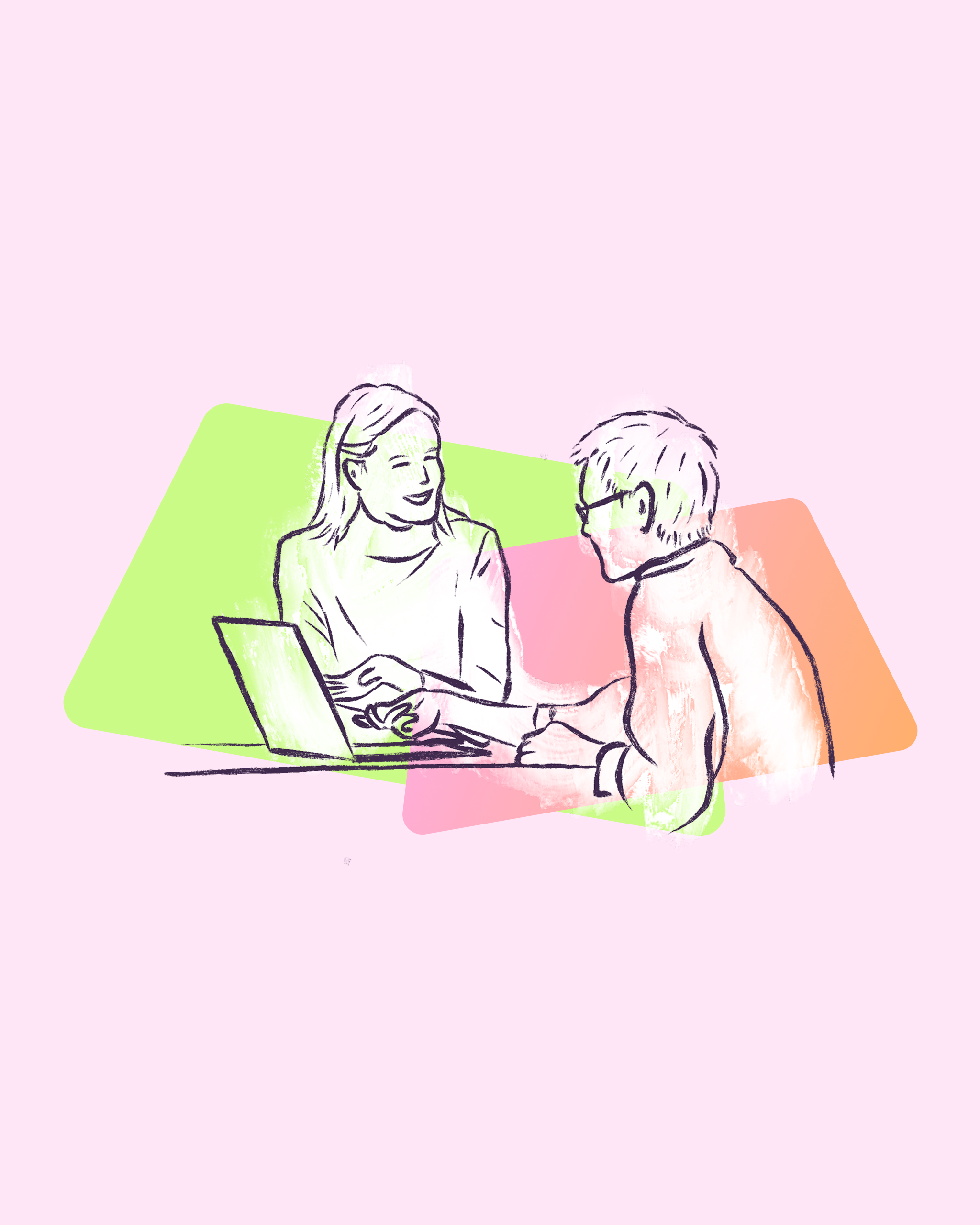 A hand-drawn illustration of two people having a one-on-one consultation at a laptop, set against overlapping green, pink and orange rounded shapes on a soft pink background.