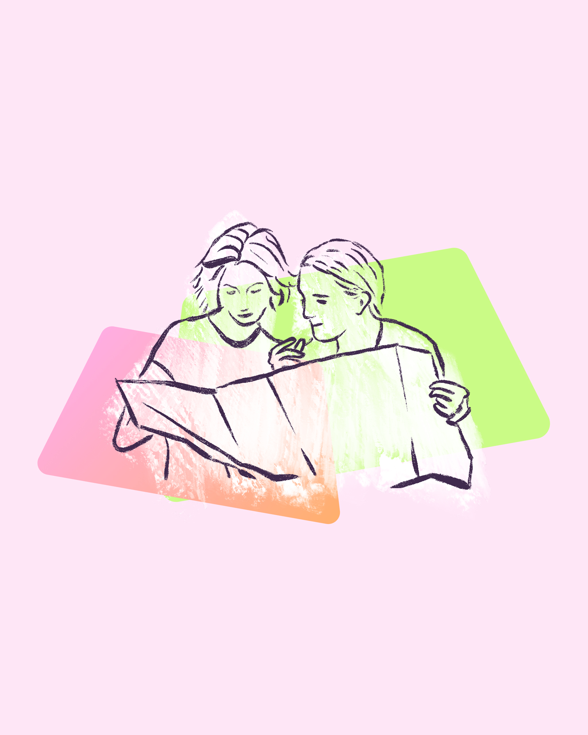 A hand-drawn illustration of two people reviewing a document together, set against overlapping pink, orange and green rounded shapes on a soft pink background. 