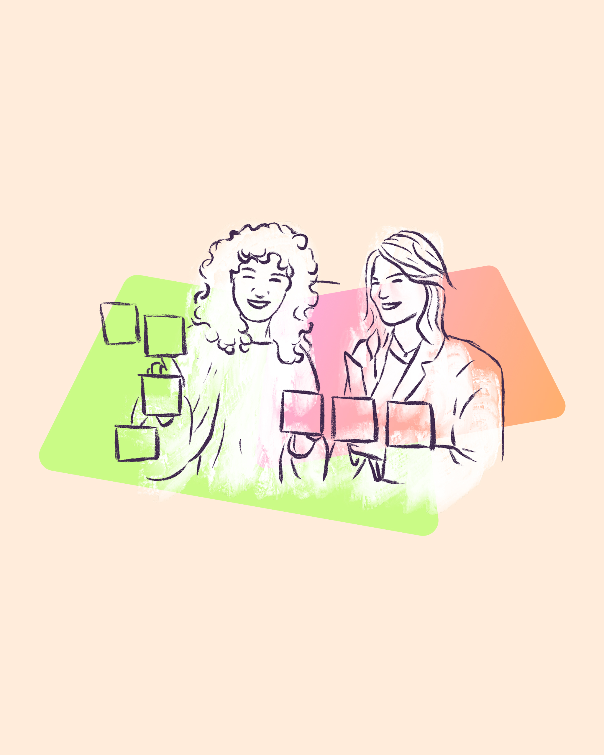 A hand-drawn illustration of two women in a workshop setting, each holding sticky notes, set against overlapping green and pink rounded shapes on a warm cream background. 